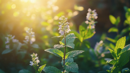 A close-up view of a sunlit green mint plant featuring delicate white flowers. The warm sunlight enhances the vibrant greenery, creating a serene garden atmosphere.の素材