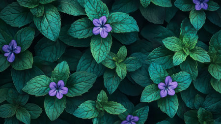 Close-up of lush green mint leaves intertwined with delicate purple flowers, creating a vibrant and tranquil botanical scene perfect for nature lovers and wellness themes.の素材