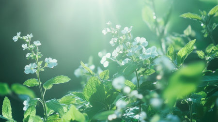 A stunning capture of delicate white flowers surrounded by lush green leaves, illuminated by soft sunlight. This image evokes a sense of peace and natural beauty.の素材