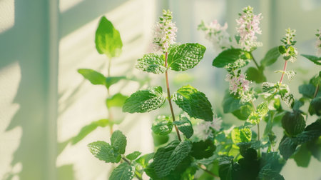 Lush mint leaves flourish alongside delicate flowers, illuminated by soft natural light. This vibrant botanical scene captures the essence of freshness and growth in any home or garden.の素材