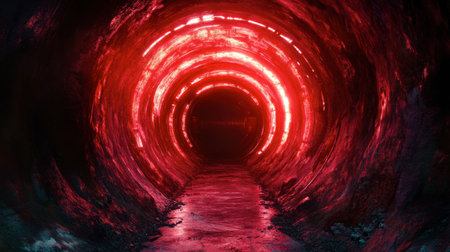 A captivating dark tunnel featuring glowing red lights creates a mysterious and eerie ambiance, evoking a sense of adventure and exploration in a surreal setting.の素材