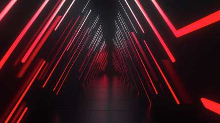 Immerse in a futuristic corridor illuminated by striking red and white neon lights. This abstract space features captivating lines and reflections, perfect for modern design projects.の素材