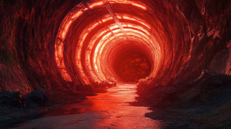 An intriguing glowing red tunnel creates a surreal atmosphere with textured walls. Ideal for fantasy, adventure, and science fiction themes.の素材