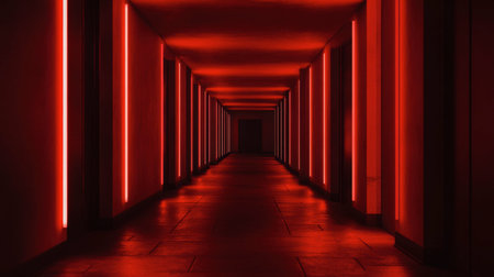 A captivating corridor is illuminated by striking red lights, creating an eerie and surreal atmosphere. The sleek lines and minimal design enhance the mysterious feel of the scene.の素材