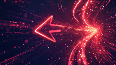 An eye-catching image featuring a vivid red arrow surrounded by radiant light trails and sparkles, creating a sense of dynamic motion in a dark setting.の素材