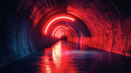 A striking image of a dark tunnel featuring vibrant neon lights creating dynamic reflections on a wet floor, perfect for conveying a modern and surreal atmosphere.の素材