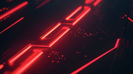 Explore this futuristic abstract background featuring vivid neon red lines and patterns. Perfect for digital projects, tech themes, and modern aesthetics.の素材