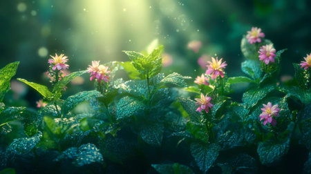 A serene image featuring vibrant pink flowers and dewy green leaves, illuminated by soft sunlight, creating a tranquil and refreshing natural scene.の素材