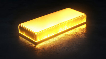 A captivating gold bar shines brightly against a dark background, showcasing stunning reflections and a rich, glowing hue that symbolizes wealth and luxury.の素材