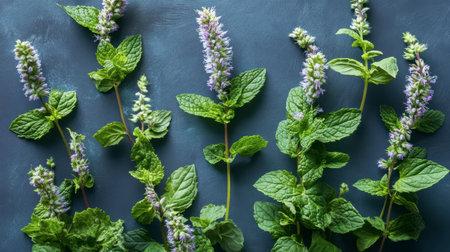 Explore the beautiful arrangement of fresh mint stems with delicate blossoms set against a vibrant blue background, perfect for culinary creativity and herbal decoration.の素材