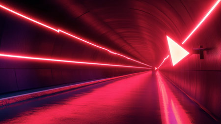 A captivating view of a futuristic tunnel illuminated with vibrant neon lights. The smooth reflective surfaces create an immersive atmosphere filled with energy and movement.の素材