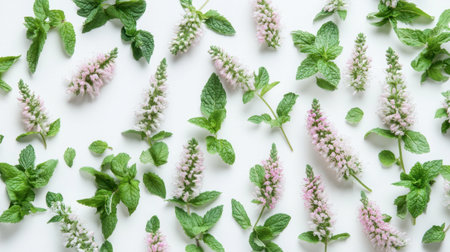 A stunning arrangement of fresh mint leaves and pale pink blossoms on a clean white background, perfect for nature, wellness, and culinary themes.の素材