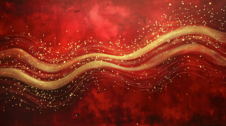 This vibrant abstract artwork features flowing gold waves on a rich red background, enhanced with sparkling elements, creating an elegant and luxurious visual effect.の素材