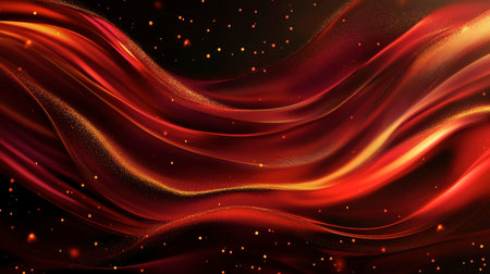 Captivating abstract background featuring flowing red and orange waves with glowing particles. Perfect for creative projects, wallpapers, and digital designs.の素材