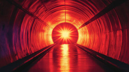 This captivating image features a vibrant light radiating from a dark tunnel, creating a dramatic and surreal effect. The composition emphasizes color and perspective.の素材