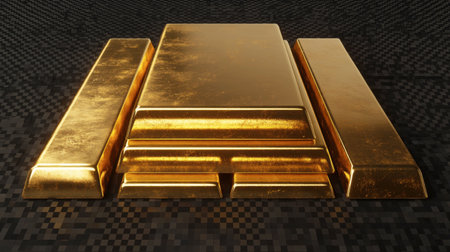 Set of gleaming gold bars arranged artistically on a dark textured surface, representing wealth and investment, ideal for finance and luxury themes.の素材