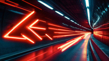 A stunning urban tunnel scene featuring vibrant neon lights and dynamic motion blur, capturing the essence of speed and modern architecture in a vibrant city environment.の素材