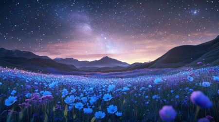 A magical nighttime scene featuring a vibrant field of flowers beneath a starry sky. The stunning mountains and tranquil atmosphere create a serene escape into nature's beauty.の素材