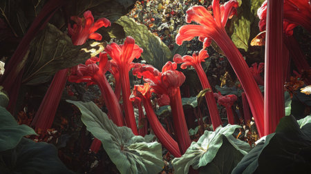 A stunning display of vibrant red plants rises amidst lush green leaves, creating a captivating scene of natureの素材