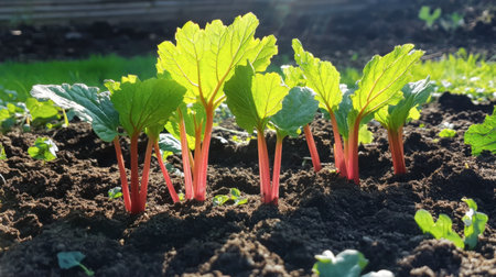 A vibrant display of fresh rhubarb plants thriving in rich soil, illuminated by warm sunlight. These young vegetables symbolize growth and freshness in a garden setting.の素材
