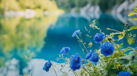 Blue flowers bloom beautifully beside a tranquil lake reflecting vibrant colors. Lush greenery surrounds the serene scene, evoking peace and harmony.の素材