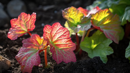 Beautiful close-up of vibrant young leaves showcasing shades of red and green in soft sunlight. Captures the essence of nature and growth.の素材