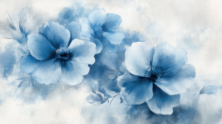 This soft blue floral artwork features delicate flowers against a textured background, adding a calm and serene atmosphere to any space. Ideal for decor.の素材