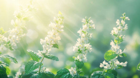 A serene image showcasing delicate white blossoms illuminated by gentle sunlight, surrounded by lush green leaves, perfect for conveying freshness and tranquility.の素材