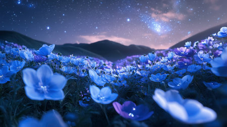 A breathtaking view of blue flowers blooming under a starry night sky, creating a magical atmosphere in a serene landscape. Perfect for nature lovers.の素材