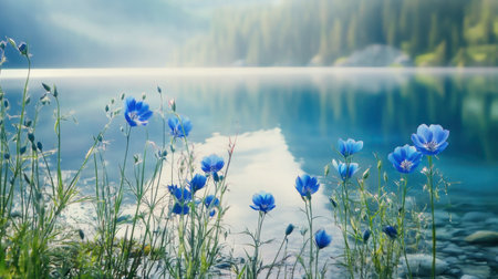 A tranquil scene showcasing blue flowers by a serene lake, reflecting the vibrant colors of nature. This idyllic landscape captures the essence of peace and beauty.の素材
