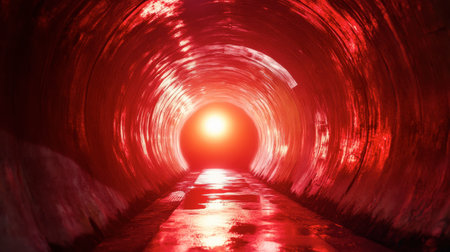 A striking underground tunnel features a vibrant red light at the end, creating a surreal and mysterious atmosphere. The image invites exploration into the unknown.の素材