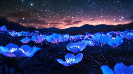 A breathtaking nightscape featuring luminous blue flowers glowing under a star-filled sky. The serene beauty of nature creates a mystical atmosphere.の素材