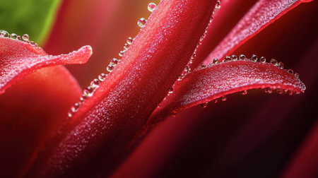 This stunning close-up captures water droplets resting on vibrant red flower petals, showcasing intricate details, textures, and the beauty of nature.の素材