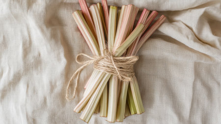 A beautiful bundle of freshly harvested rhubarb stalks tied with natural twine sits atop a soft fabric, showcasing vibrant colors and an appealing rustic charm for culinary use.の素材