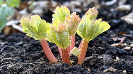 A young rhubarb plant breaks through dark, rich soil, symbolizing spring and new growth. The vibrant green leaves and pink stems highlight nature's beauty.の素材