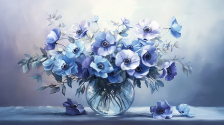 A stunning arrangement of soft blue anemones in a glass vase, capturing the essence of tranquility and elegance, perfect for home decor or artistic inspiration.の素材