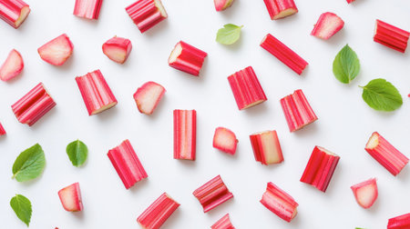 A beautiful arrangement of freshly cut rhubarb stalks and green mint leaves on a white background, showcasing vibrant colors and textures perfect for culinary inspiration.の素材