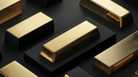 A stunning arrangement of glimmering gold bars showcases luxury and wealth. This close-up of metallic textures emphasizes opulence and investment.の素材