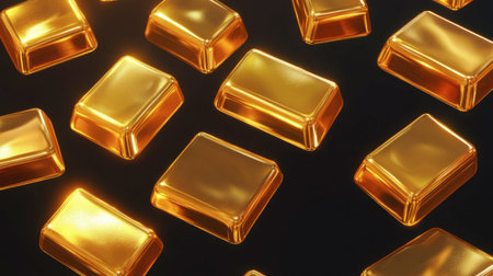A captivating display of gleaming gold bars arranged artfully on a dark background, symbolizing wealth, luxury, and solid investment opportunities in finance.の素材
