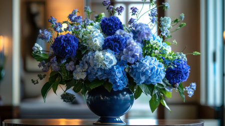 A stunning floral arrangement featuring blue and white hydrangeas in a decorative vase, creating an elegant indoor decor piece that enhances any space's ambiance.の素材