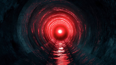 A captivating view of a dark pipe tunnel showcasing a bright red light at the end, creating a mysterious and surreal atmosphere. The water reflects the vibrant colors.の素材