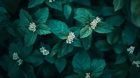 Discover a serene close-up of lush green leaves adorned with delicate white flower buds, perfect for nature lovers and those seeking tranquility in their environment.の素材