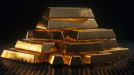 A stunning arrangement of shiny gold bars stacked elegantly, illuminated by soft light against a dark background, symbolizing luxury and financial success.の素材