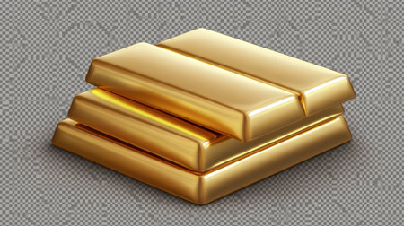 These gleaming gold bars are displayed on a transparent background, perfect for conveying themes of luxury, wealth, and high value in various creative projects.の素材