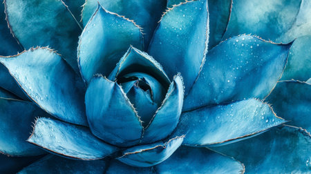 This image features a stunning close-up of a blue agave plant, showcasing its unique texture and intricate leaf arrangement. Water droplets enhance its vibrant beauty.の素材