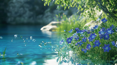 Discover a tranquil scene featuring vibrant blue flowers lining a serene body of water. The lush greenery and reflections create a calming atmosphere ideal for nature lovers.の素材