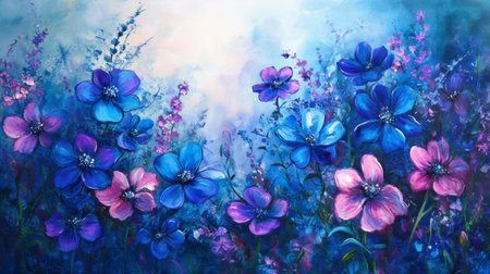 Explore a vibrant floral landscape featuring stunning blue and pink blooms. This artwork exudes tranquility and beauty, perfect for decor and inspiration.の素材