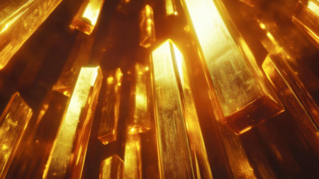 A stunning composition showcasing golden crystals radiating warm light, creating an enchanting and vibrant atmosphere perfect for artistic backgrounds or designs.の素材