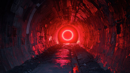 A captivating view of a dark underground tunnel illuminated by a mysterious red glow. The striking contrast between light and shadows creates an eerie, atmospheric scene perfect for various creative projects.の素材
