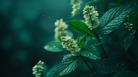 A captivating close-up of lush green leaves adorned with delicate white flowers, creating a serene and refreshing atmosphere in nature's beauty.の素材